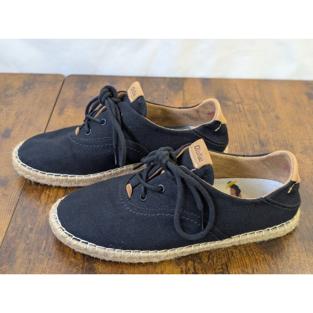 OluKai Kaula Pa'a Li Womens Black Espadrille Sneakers Size 6.5 Drop-In Heel Exc!